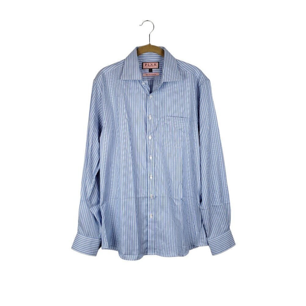 Thomas Pink Slim Fit Traveller Long Sleeve Shirt Blue White Stripe Size 15.5